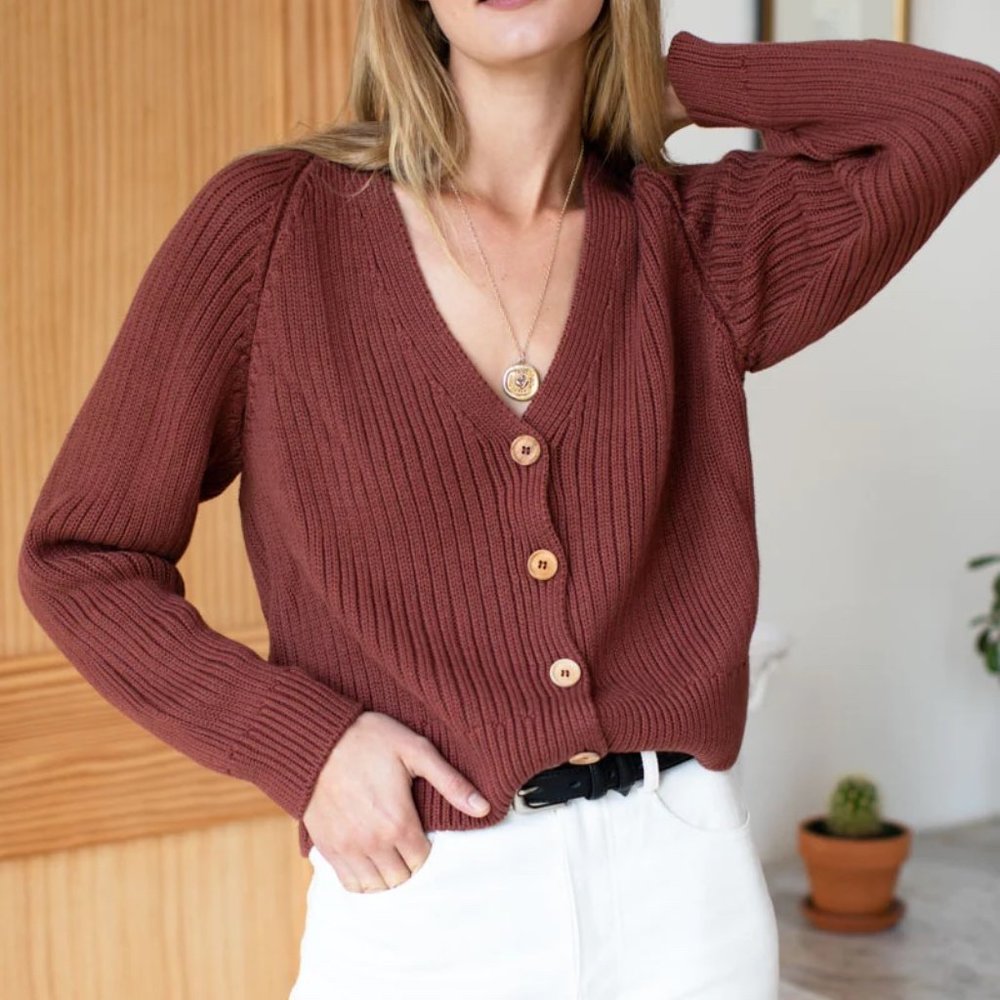 Emerson Fry Low V Neck Cardigan Spiced Apple Organic